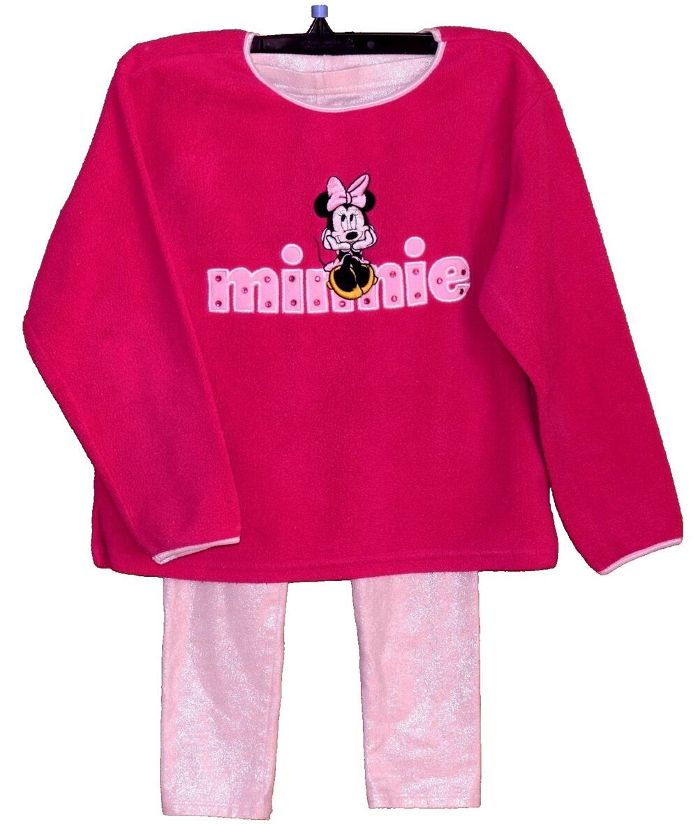 Disney Store Girls Minnie Mouse Rose Fleece Top + Pink Glitter Leggings Size 5/6